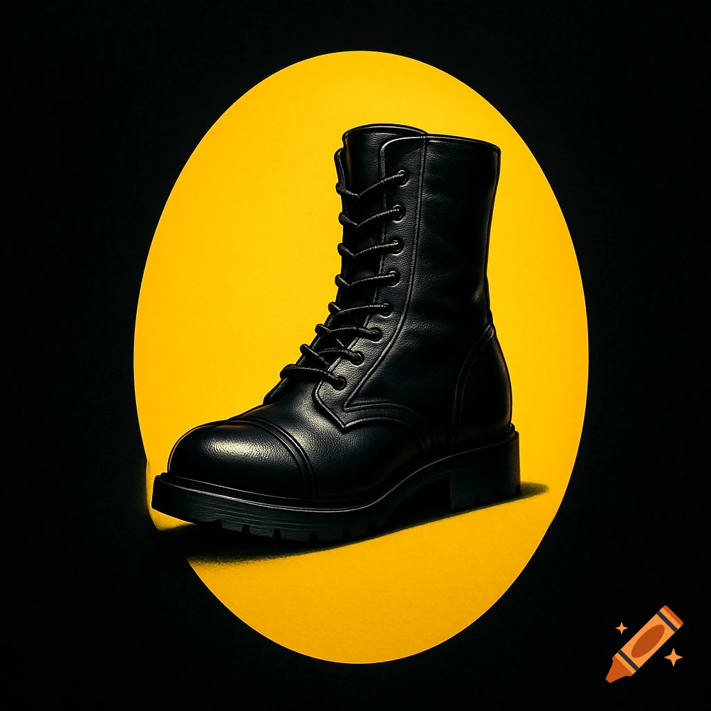 A black combat boot stands on a yellow oval against a black background.