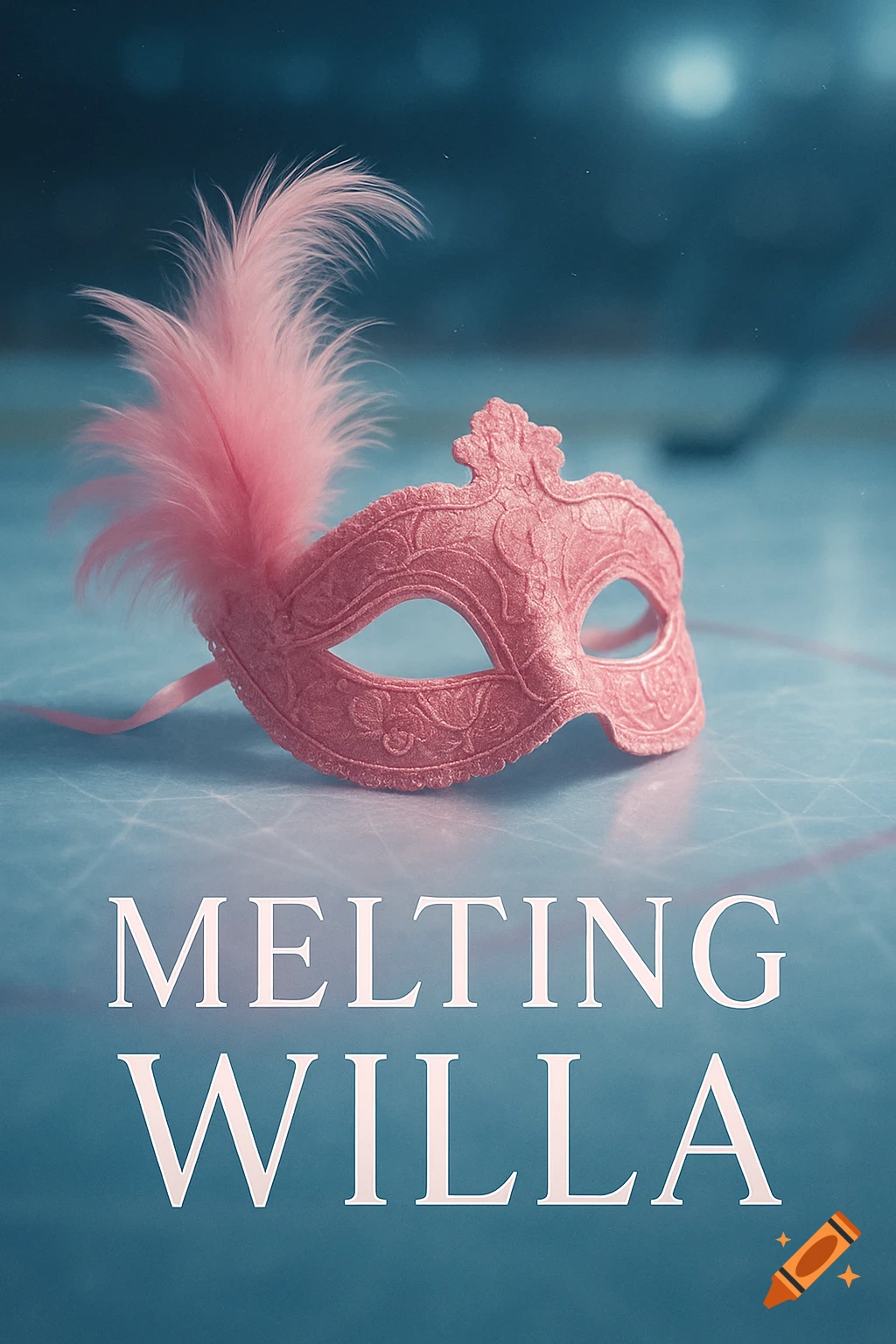 A pink ornate masquerade mask with feathers rests on an icy hockey rink. The title 'MELTING WILLA' is below.