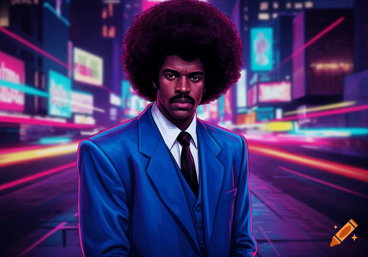 A stylized illustration of a Black man with an afro and mustache, wearing an 80s blue suit, against a neon city background.