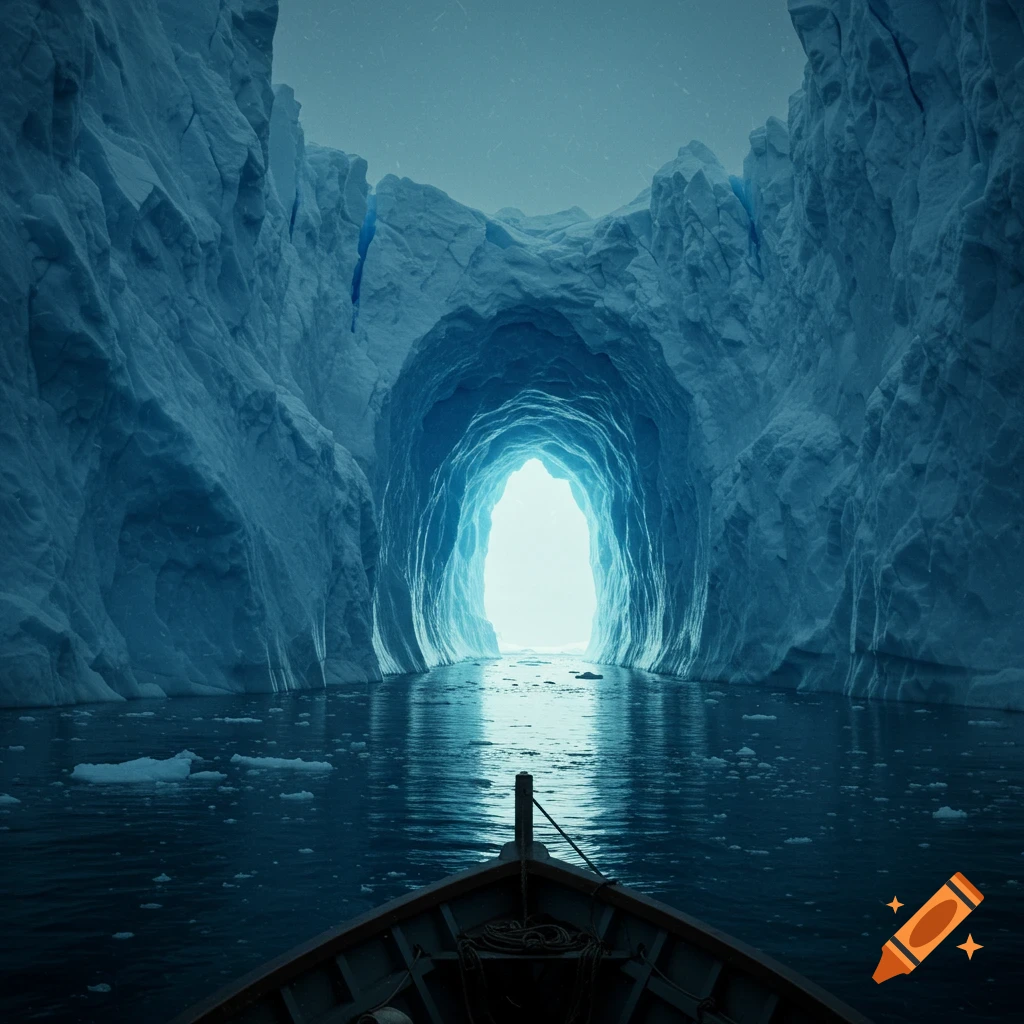 A boat approaches a bright opening in a large ice cave, flanked by towering ice walls, on dark water with ice chunks.