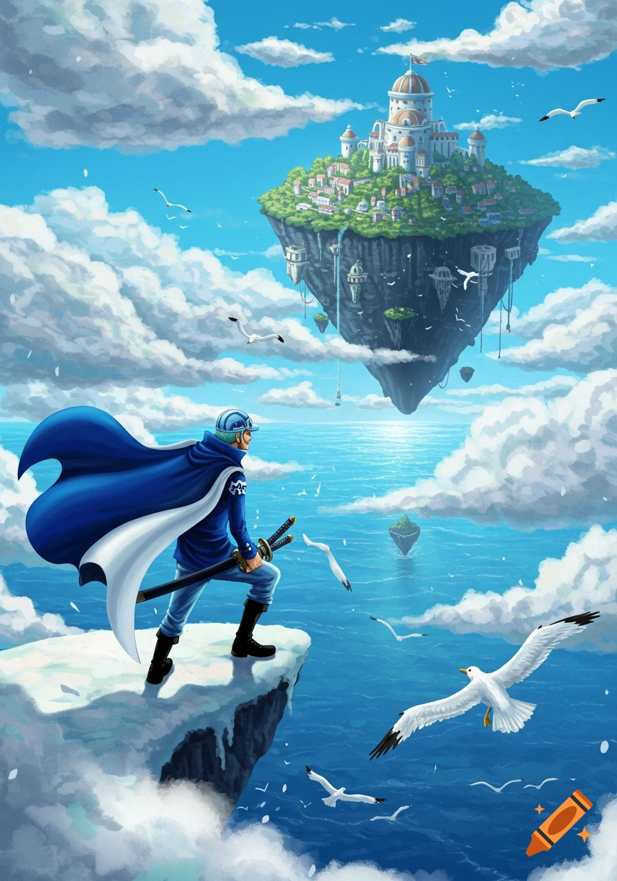 Anime character in a blue cape stands on a cliff, gazing at a large floating island city over a blue ocean with clouds and seagulls.