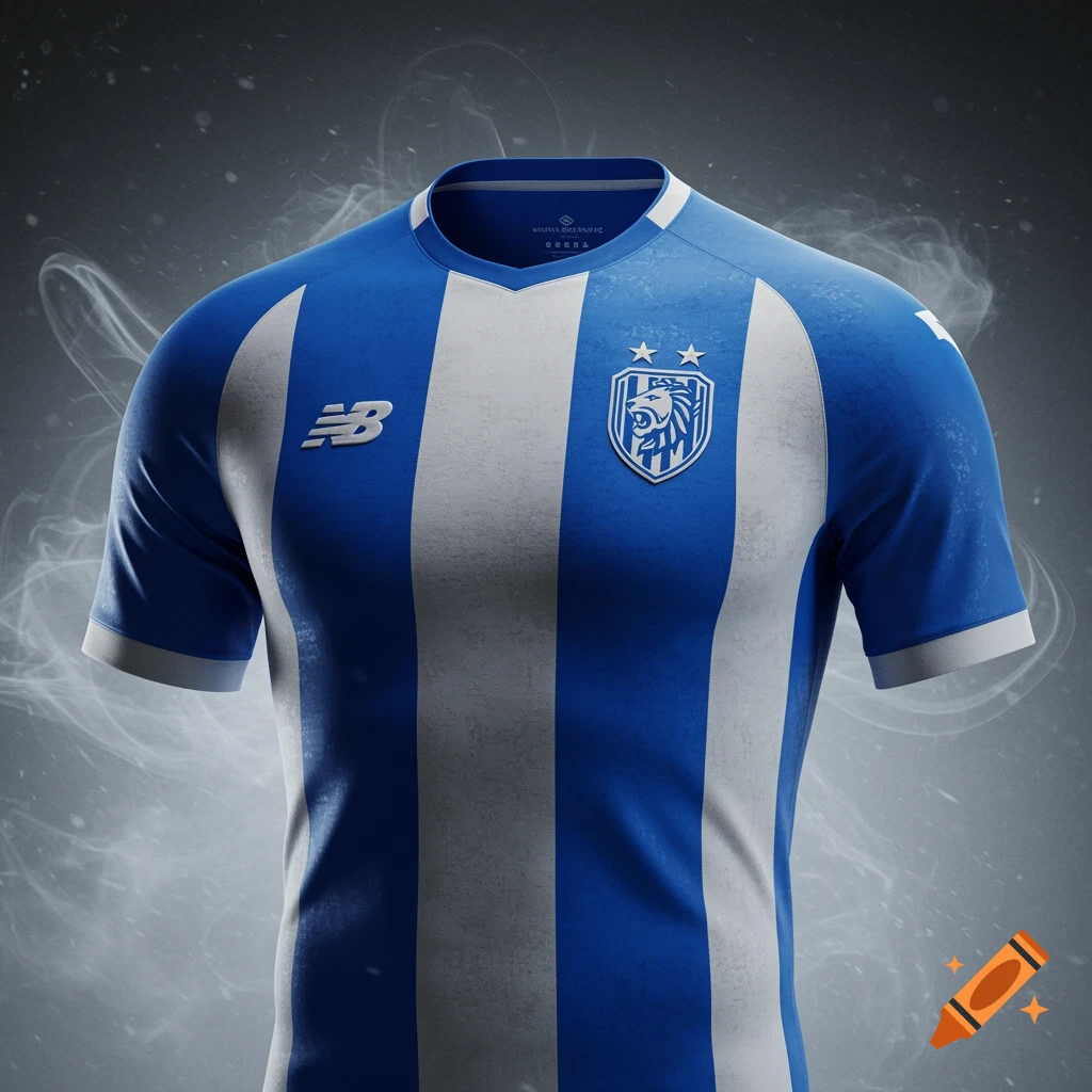 A blue and white striped football shirt with a New Balance logo and a lion crest on the chest.