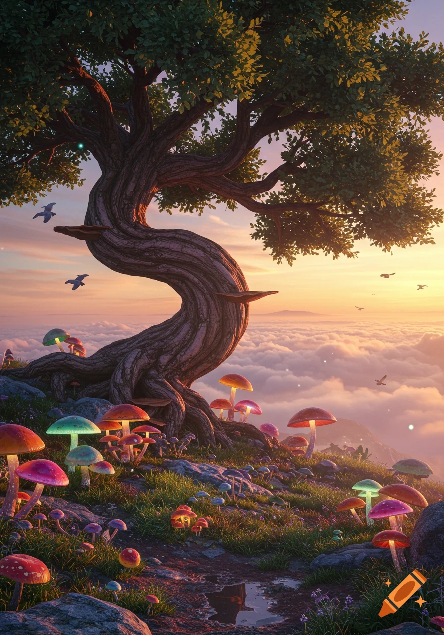 A vibrant fantasy landscape with a twisted tree, glowing colorful mushrooms, and a sea of clouds at sunset on a mountain peak.