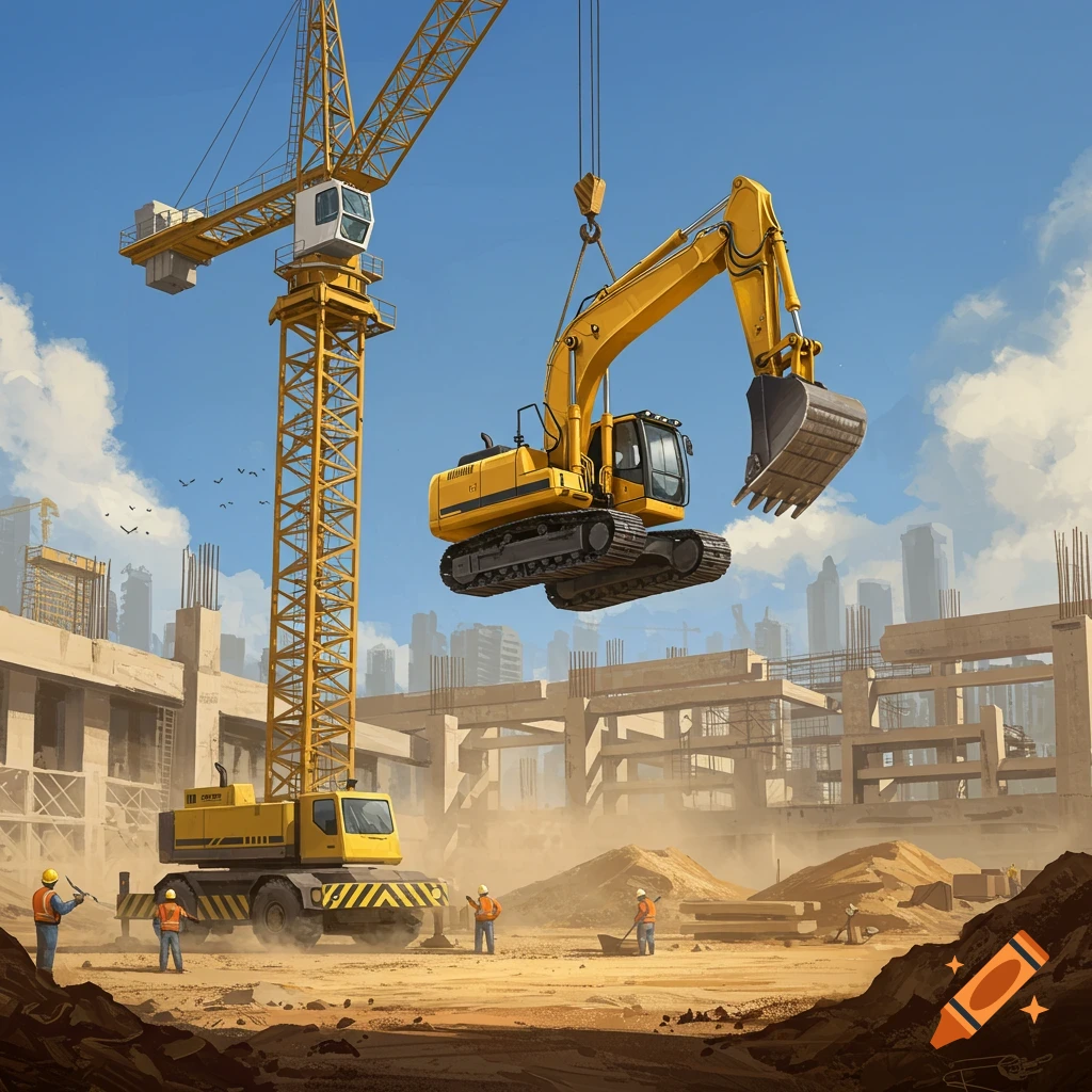 A large yellow crane lifts a yellow excavator high above a dusty construction site with workers and partially built concrete structures. The sky is blue with clouds.