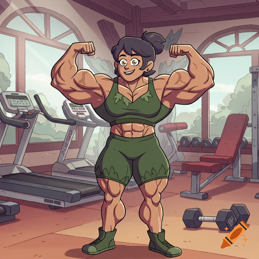 A muscular cartoon woman in a green sports outfit flexing her biceps in a gym.