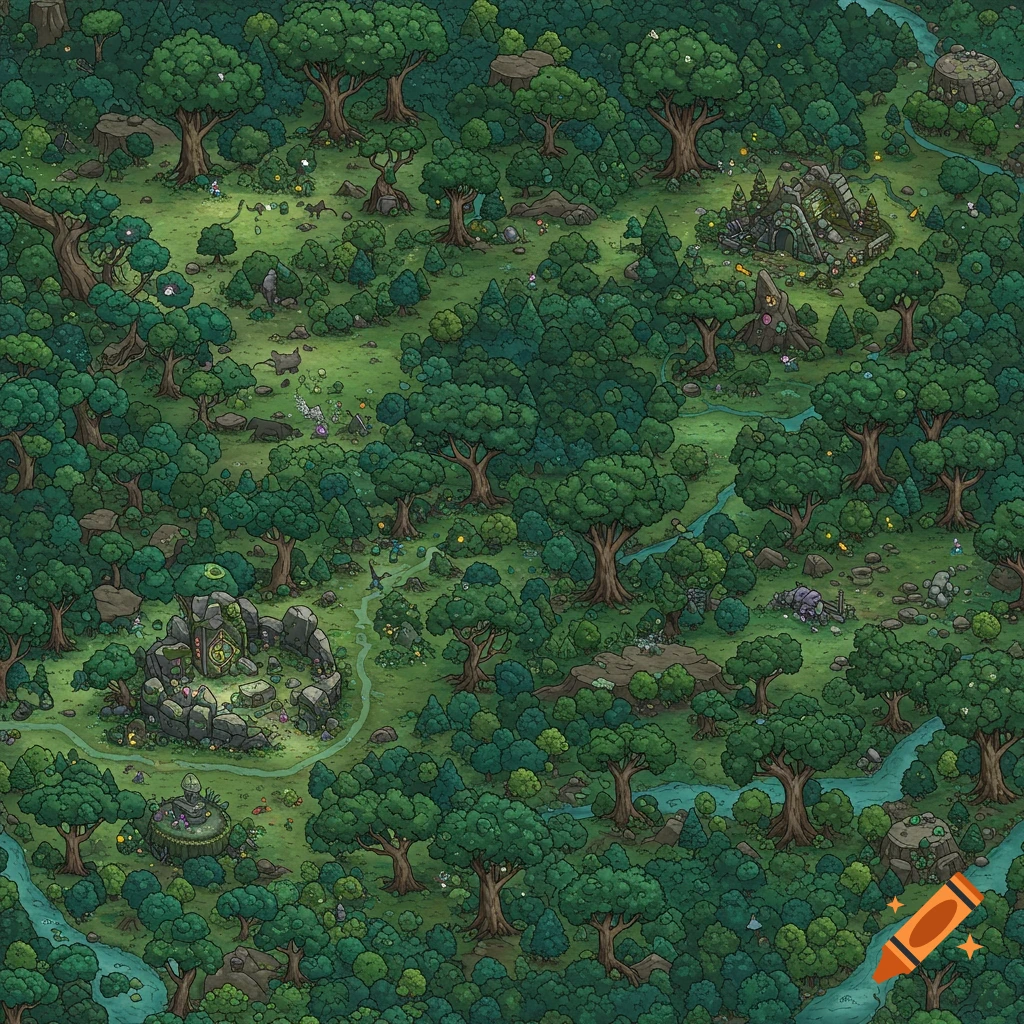Overhead anime-style fantasy map of a dense forest with rivers, clearings, and ancient ruins.