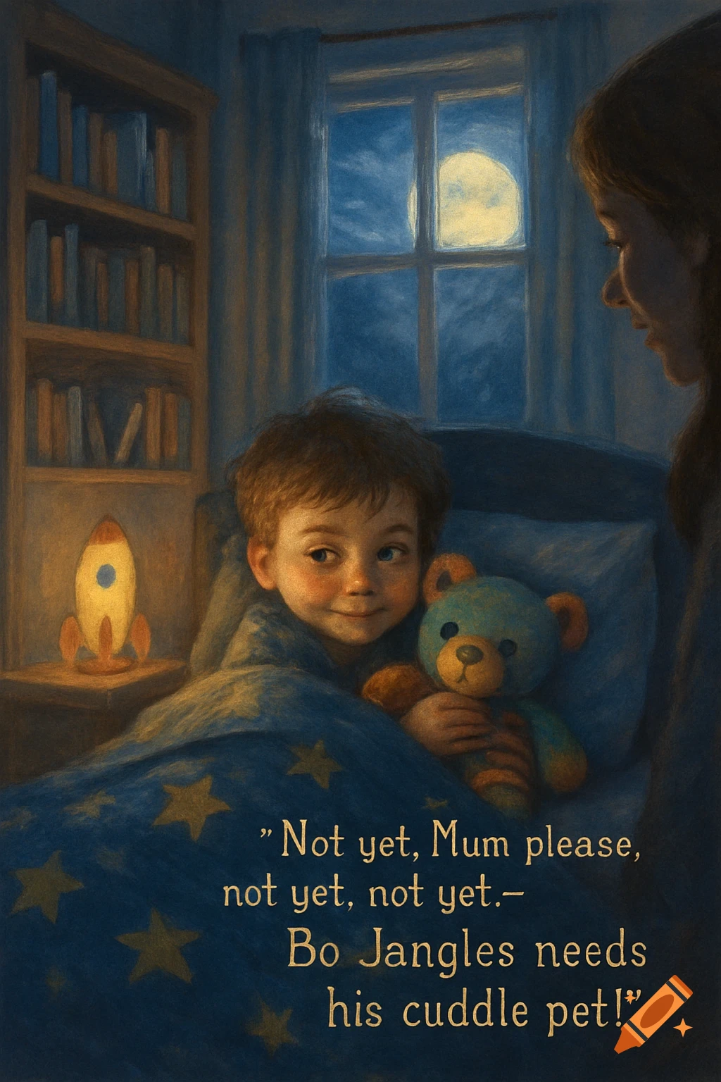Illustrated scene of a young boy in bed with his teddy bear, looking up at his mother at night.
