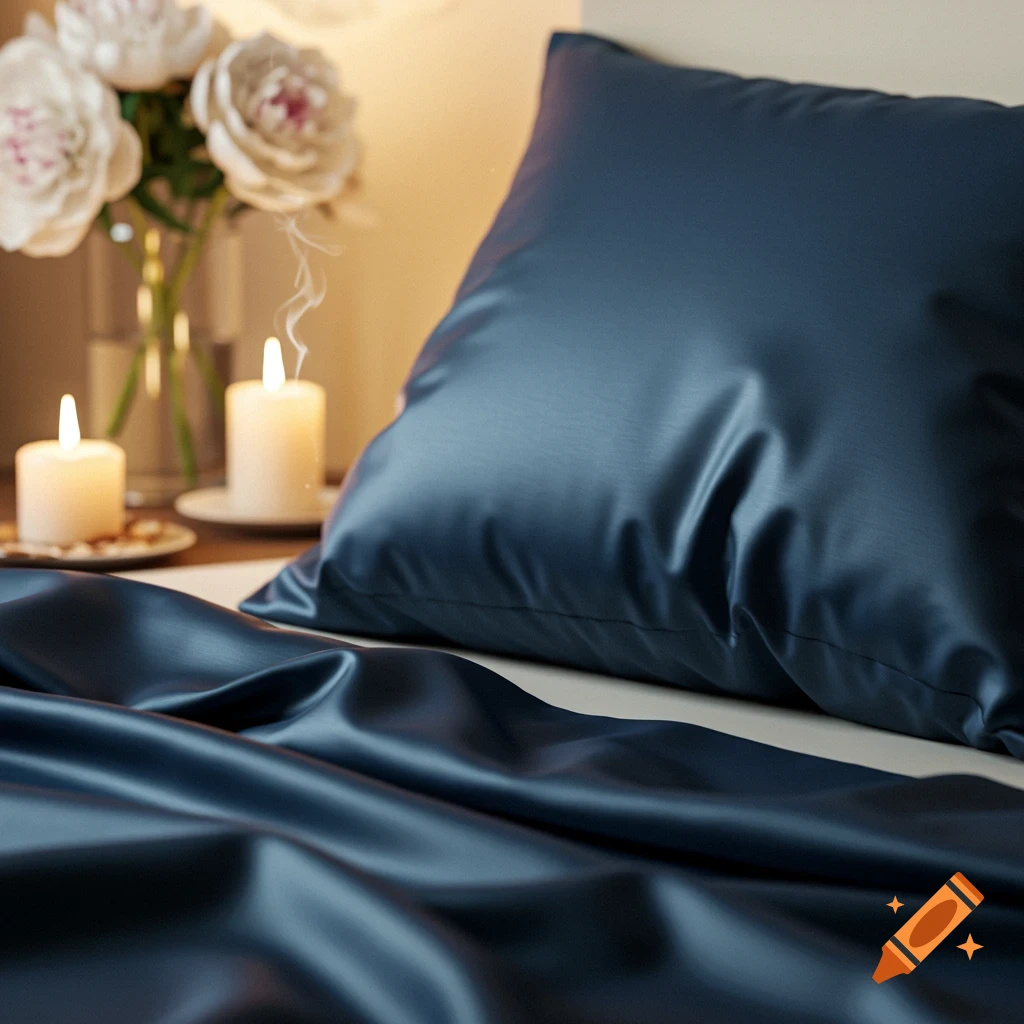 A luxurious dark blue silk pillow and sheets on a bed, illuminated by two lit candles and white peonies in a vase.