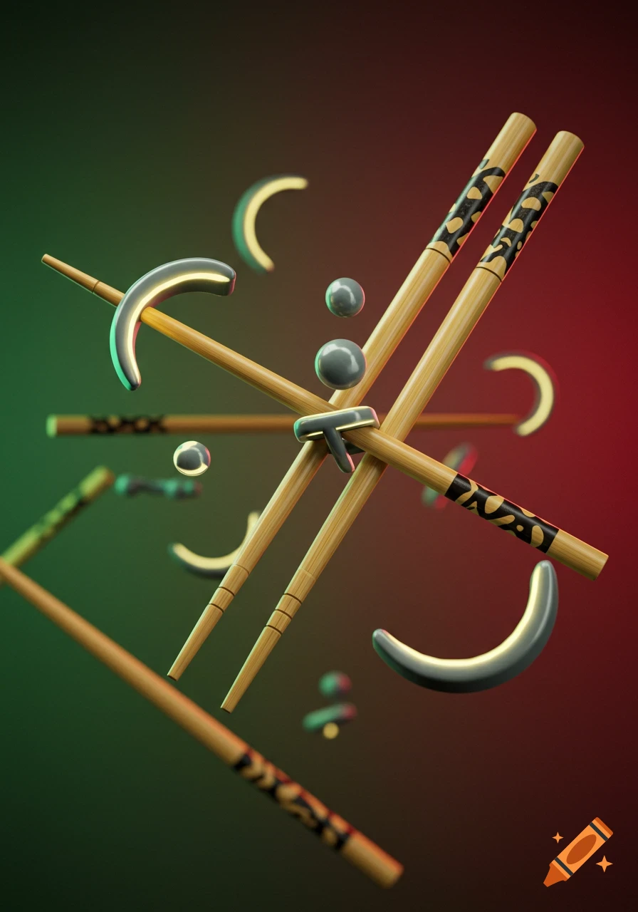 Abstract 3D render of chopsticks crossed with floating gray spheres and glowing crescent shapes against a green and red gradient background.
