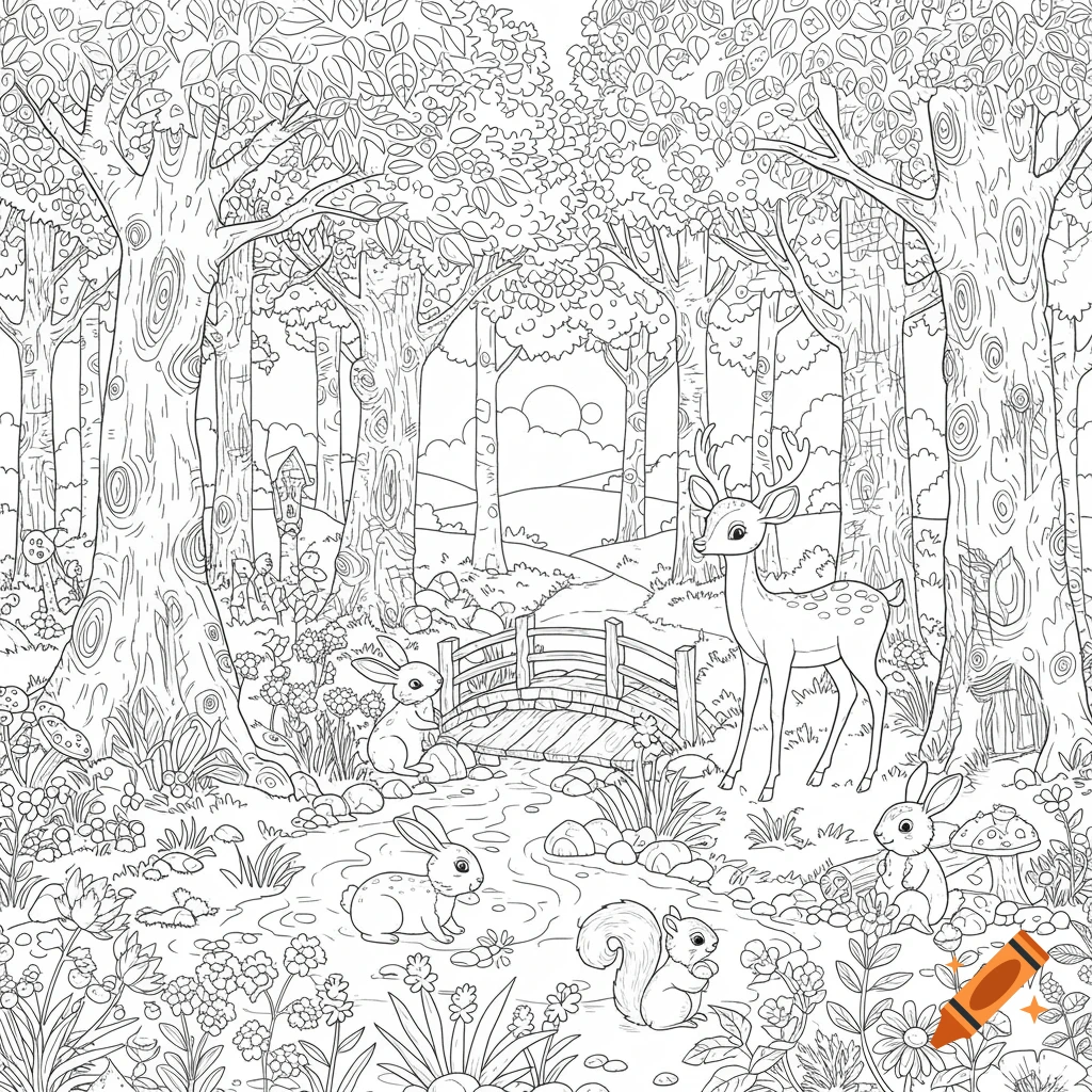 A black and white coloring book illustration of a forest scene with a deer, rabbits, and a squirrel near a stream and bridge.