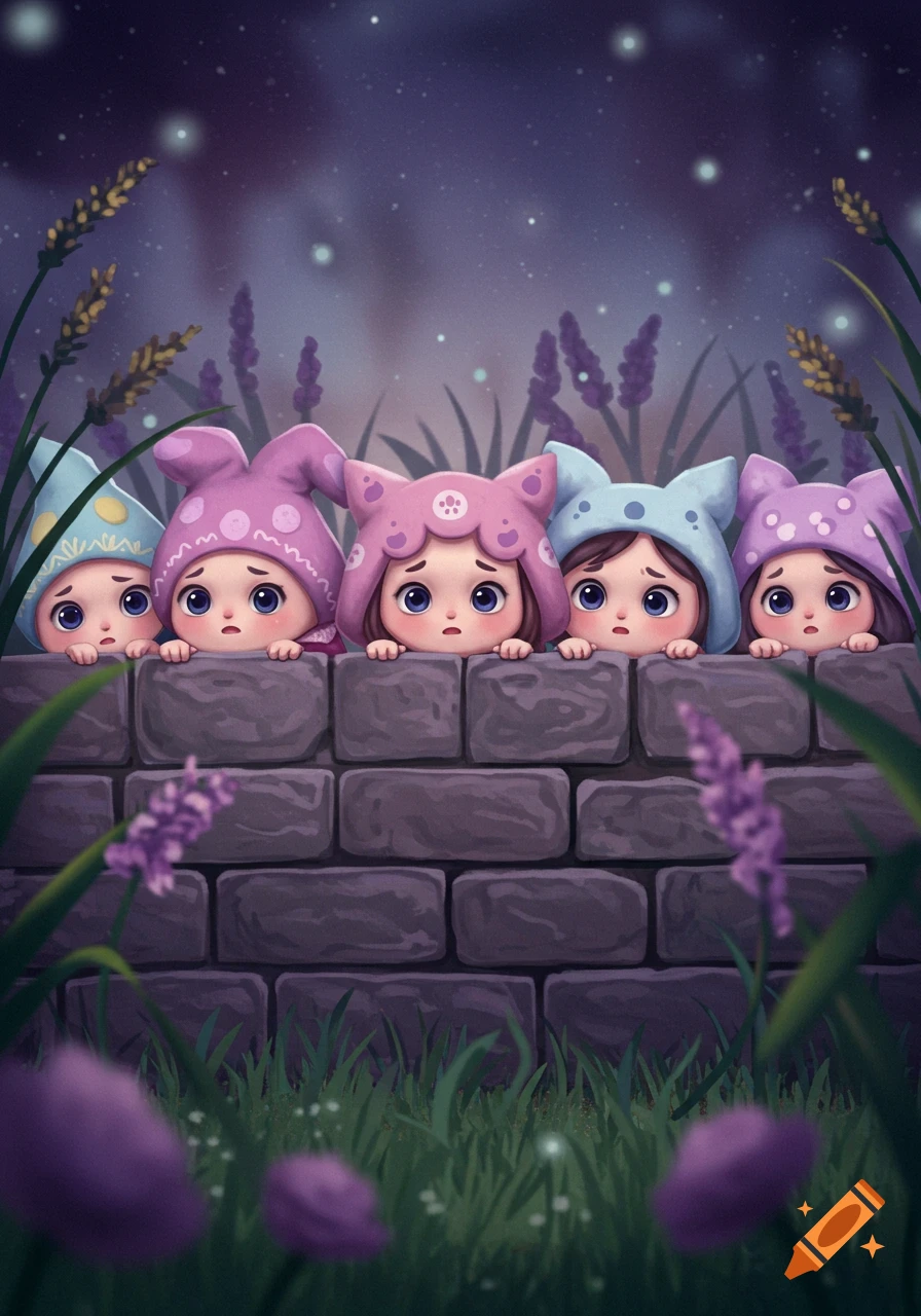 Five cute, big-eyed characters in colorful hats peep over a stone wall in a magical twilight garden with lavender and fireflies, in a stylized illustration.