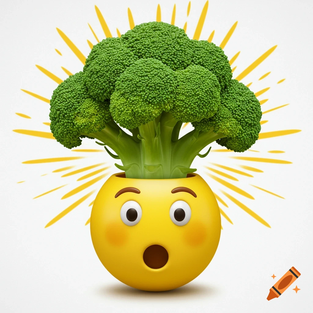 A yellow emoji head with a surprised expression and an open mouth, from which a head of broccoli sprouts upwards, against a background of yellow starburst lines.