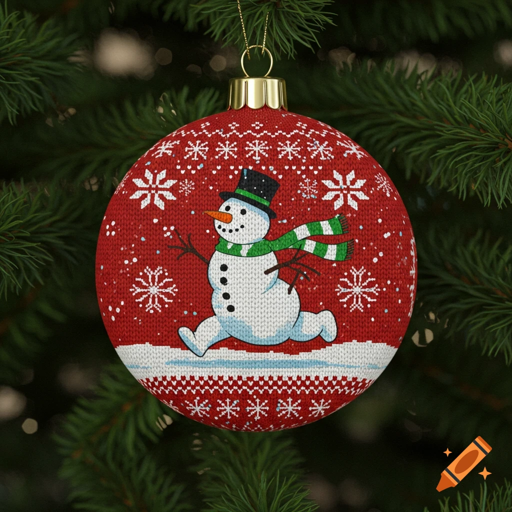 A red Christmas ornament featuring a running snowman wearing a top hat and green striped scarf, hanging on a pine tree.