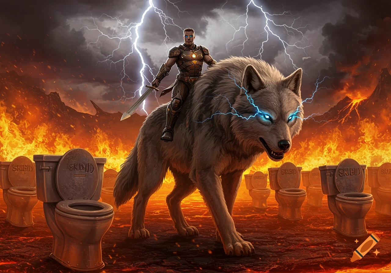 A man in armor rides a wolf with glowing eyes through a fiery landscape, accompanied by an army of 'Skibid' toilets under a lightning storm.