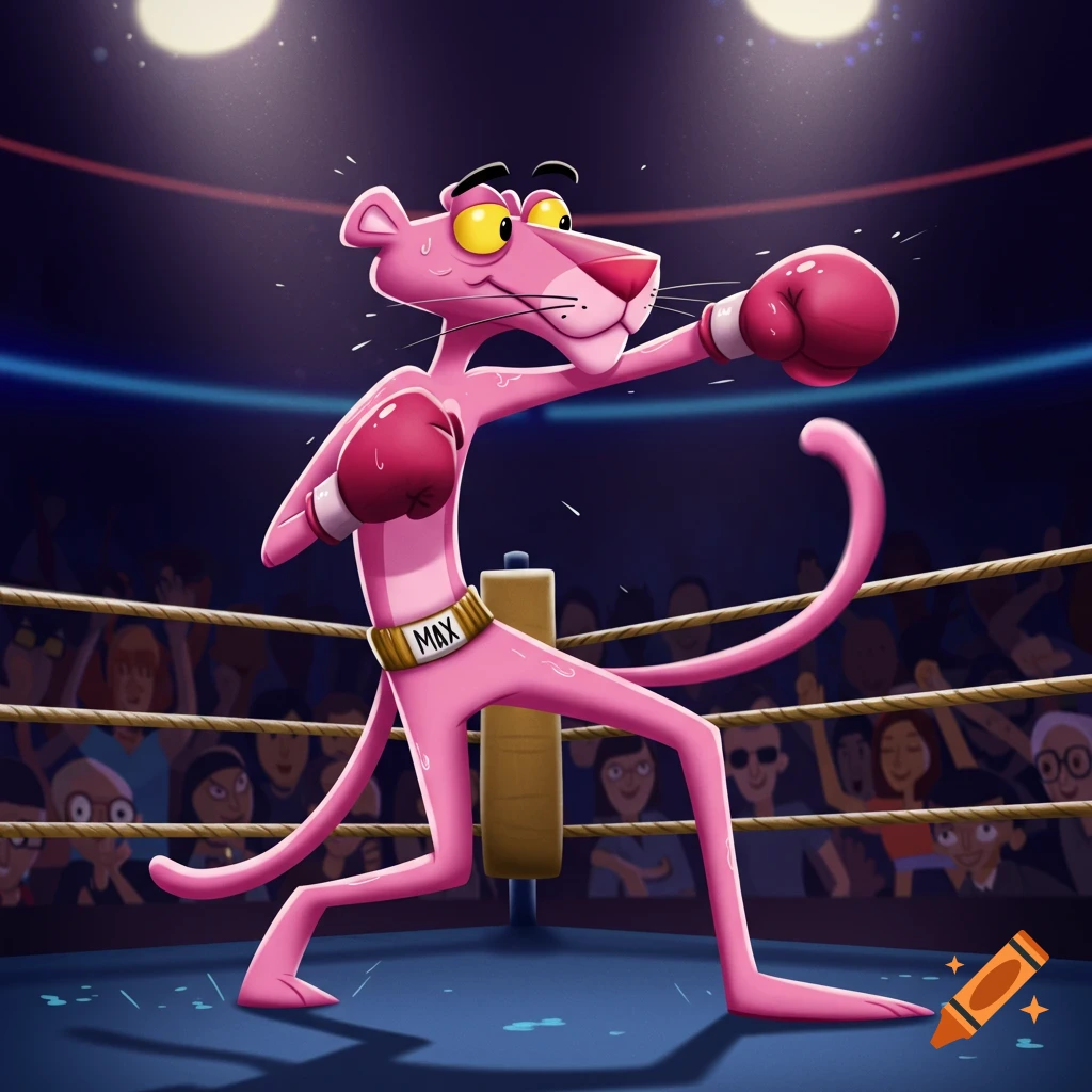 Pink Panther boxing in a ring, wearing pink gloves and a championship belt with 'MAX' on it, in a stylized cartoon art style.
