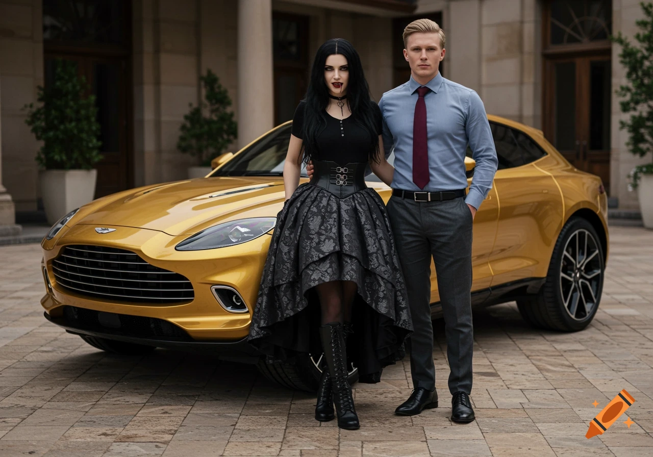 A woman with black hair in a gothic dress and a man in a suit stand in front of a golden Aston Martin on a stone courtyard.