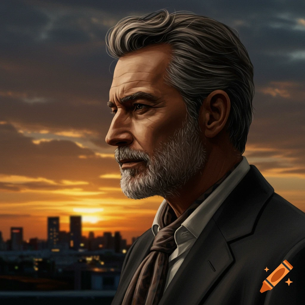 A side profile portrait of a distinguished man with grey hair and beard, wearing a suit and scarf, looking out over a sunset city skyline.