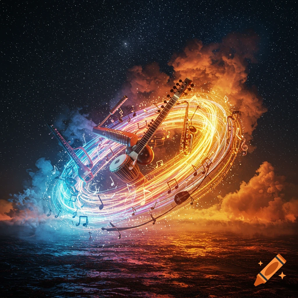 Musical instruments float above water with glowing orange and blue light trails and musical notes under a starry sky.
