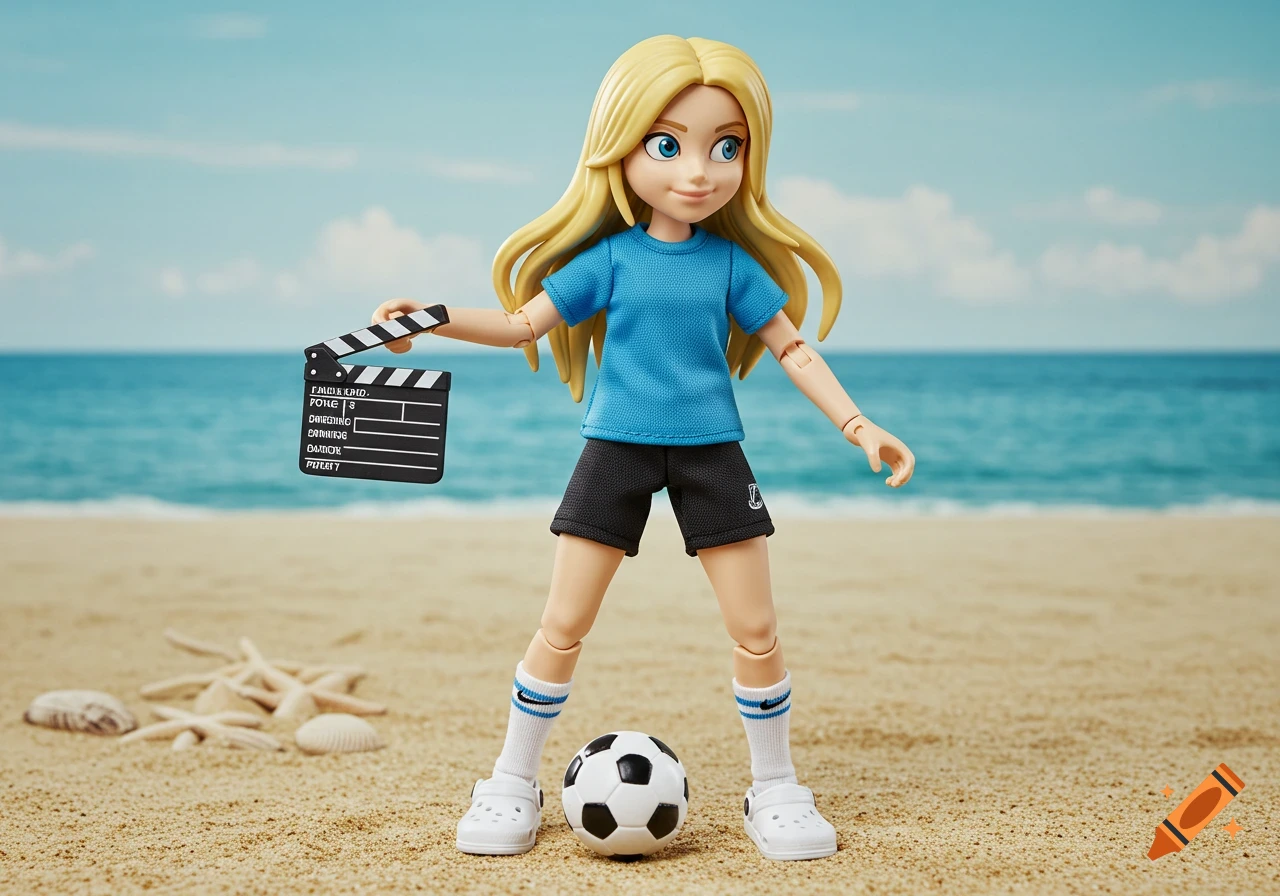 An action figure of a blonde girl in a blue shirt, black shorts, white socks, and white crocs, standing on a sandy beach with a soccer ball and holding a clapperboard.