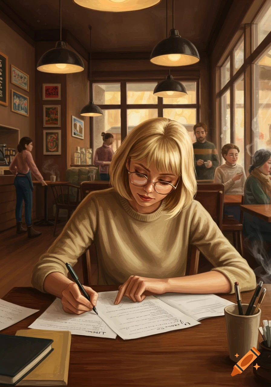 A blond woman wearing glasses studies papers at a wooden table in a busy coffee shop, with other patrons in the background.