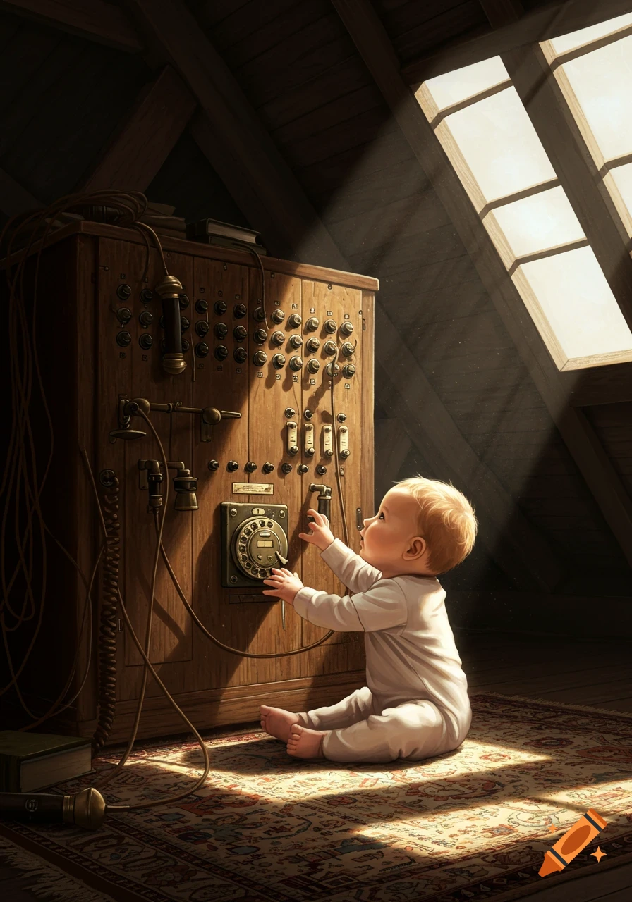 A baby in white pajamas plays with a large vintage wooden telephone exchange in a sunlit attic.