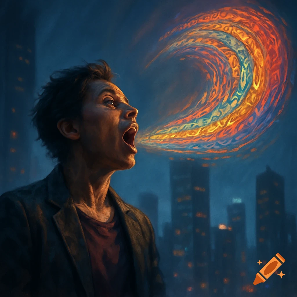 A person yells into a dark city night, releasing a vibrant, swirling burst of colorful energy from their mouth, in a painterly digital art style.