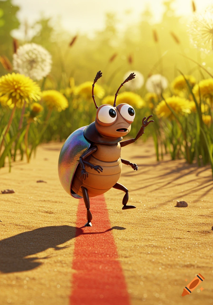A cartoon beetle with large eyes stands on a red line in a sunny field of dandelions, looking surprised.