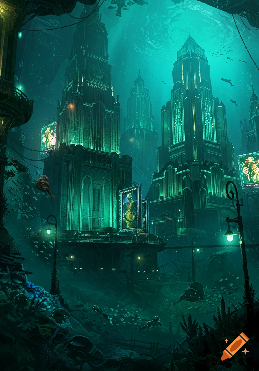 A vibrant, glowing Art Deco underwater city with tall buildings, streetlights, and marine life swimming around.