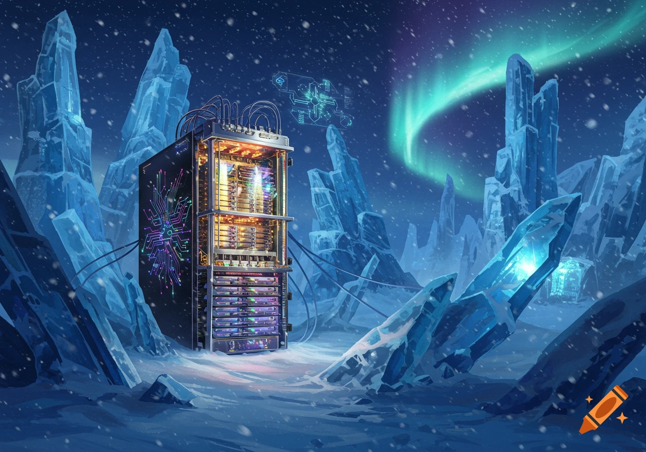 A glowing server rack stands amidst ice formations and snow under a vibrant aurora borealis in an arctic landscape.