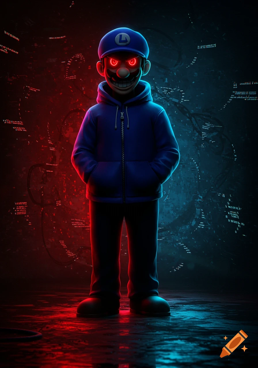 Stylized menacing Luigi-like character in a blue hoodie and hat with glowing red eyes, against a dark, neon-lit background with abstract code.