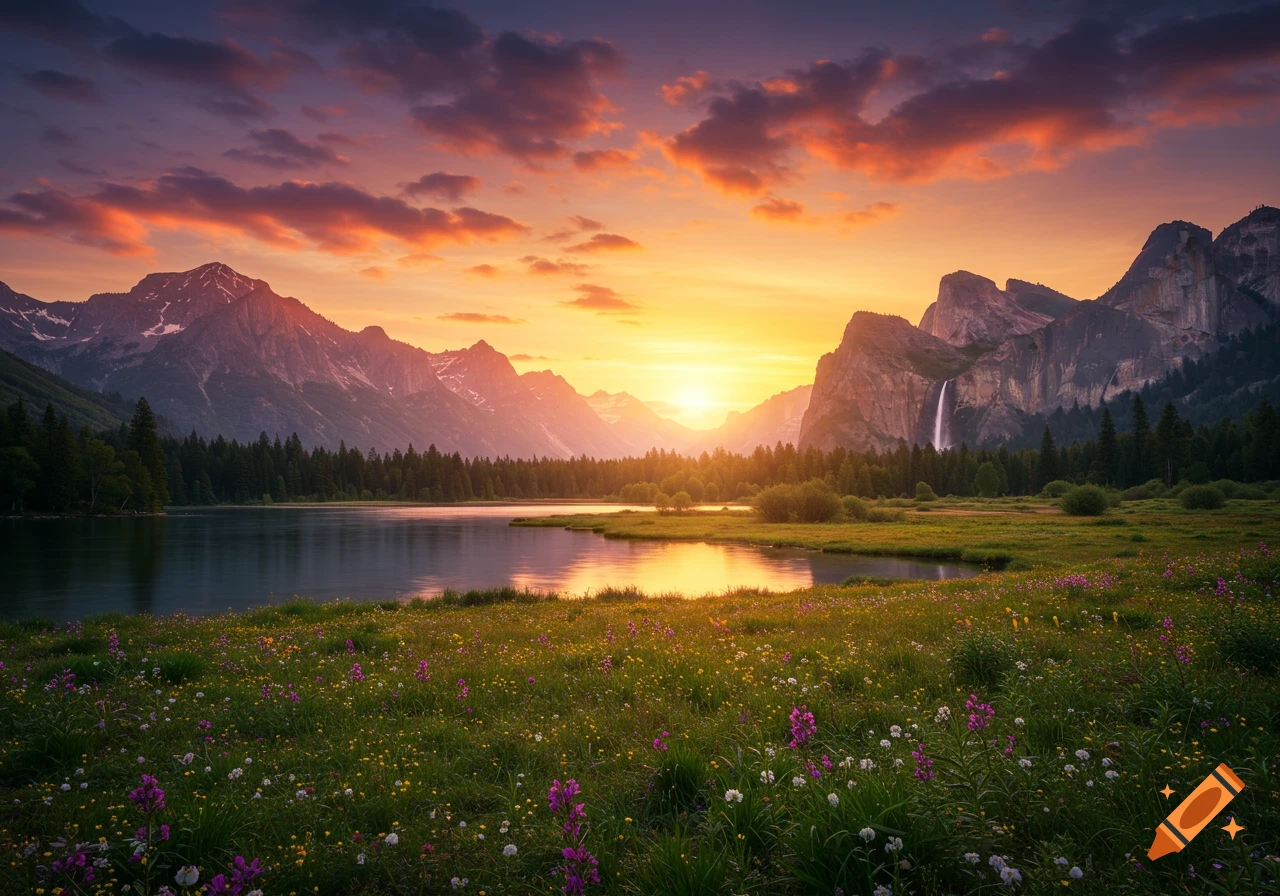 A breathtaking landscape at sunset, featuring towering mountains, a serene lake reflecting the sky, and a field of wildflowers in the foreground.