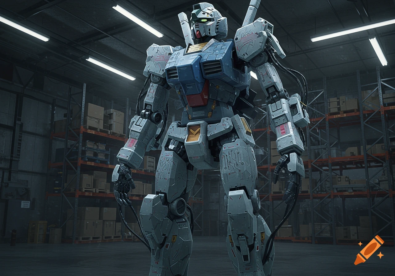 A detailed 3D render of a futuristic Gundam-style robot standing in a large warehouse with shelves of boxes.