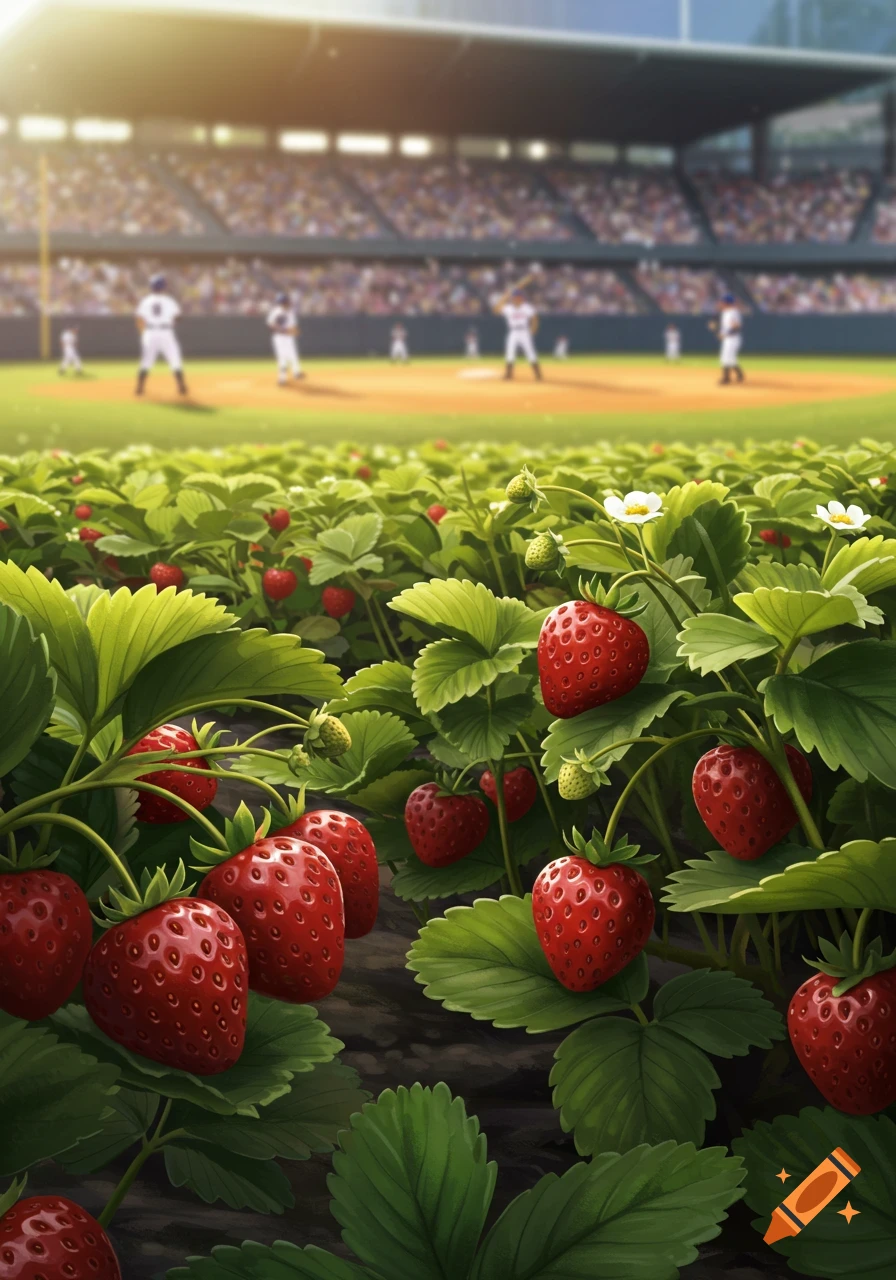A detailed digital painting of a strawberry field in the foreground, with a blurred baseball game and stadium visible in the background.