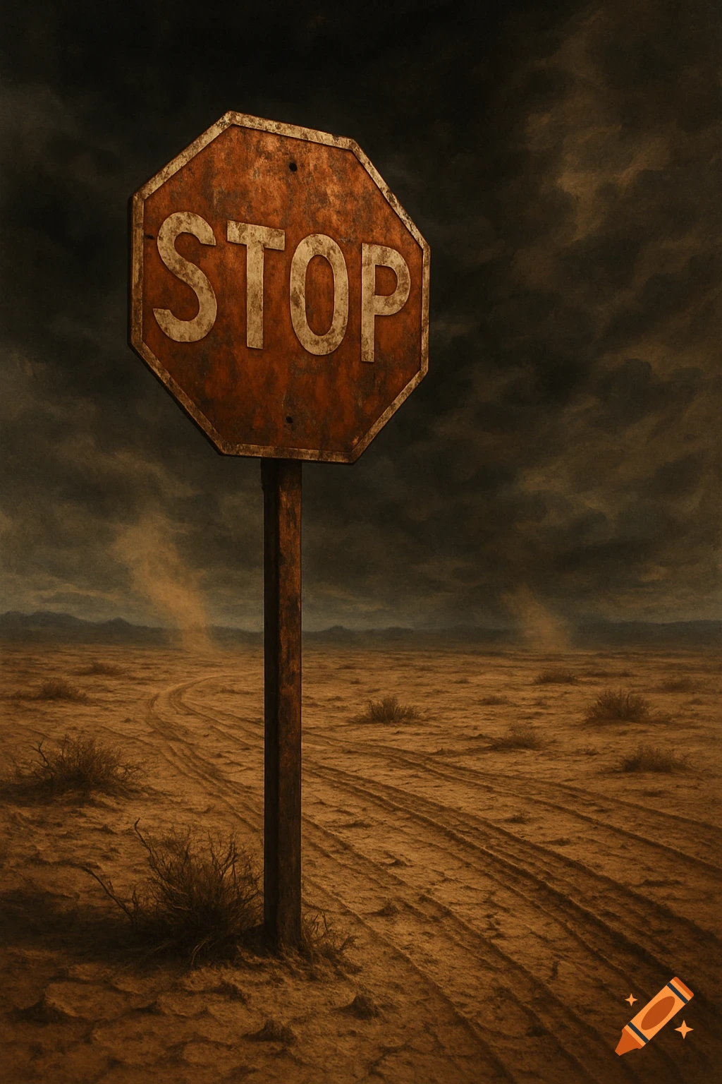 A rusted stop sign stands in a desolate, dusty wasteland with tire tracks under a dark, stormy sky.