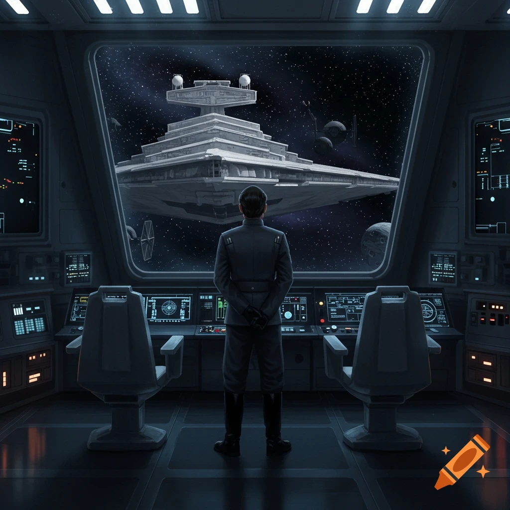 A uniformed imperial officer stands with hands behind his back, looking out a spaceship window at a large Star Destroyer and stars in space.