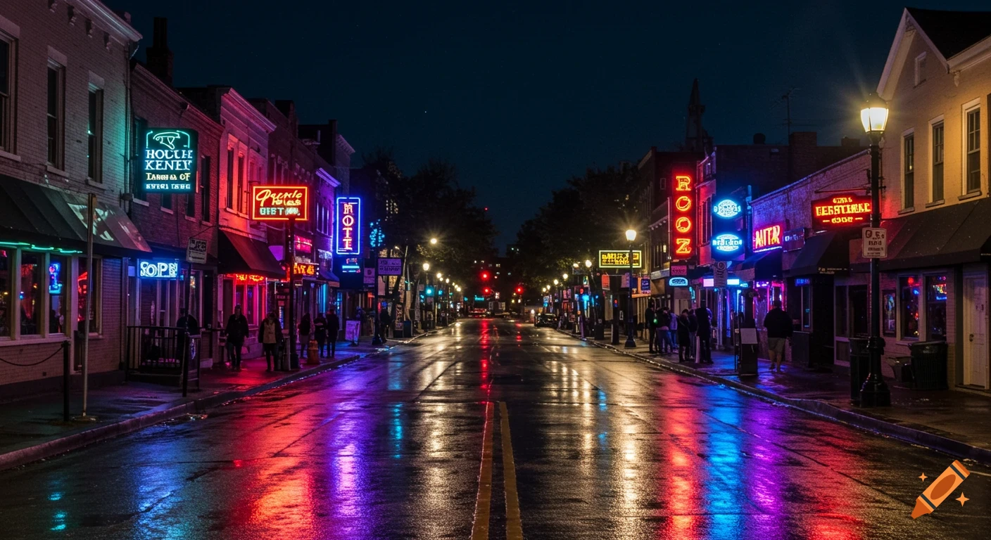 A vibrant photorealistic view of a wet city street at night, lined with buildings illuminated by colorful neon signs reflecting on the pavement.