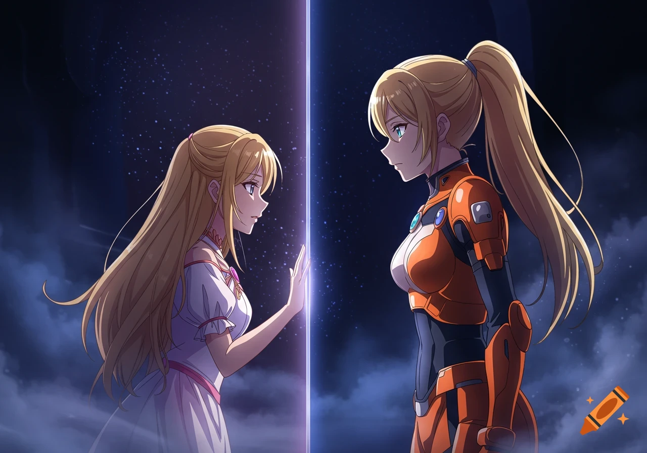 Anime drawing of a blonde princess and a woman in orange space armor looking at each other across a glowing barrier in a starry sky.