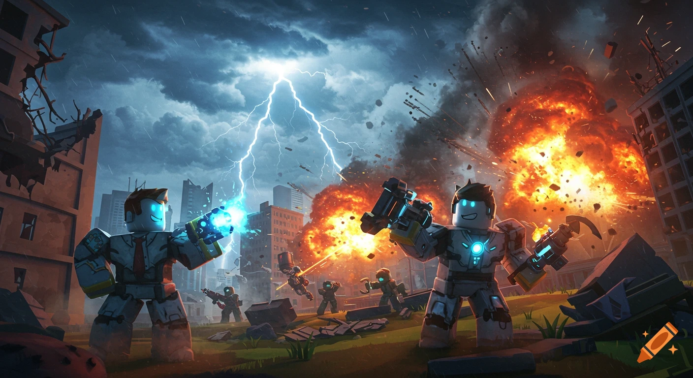 Roblox-style game thumbnail showing blocky characters in a destroyed city with explosions and lightning.