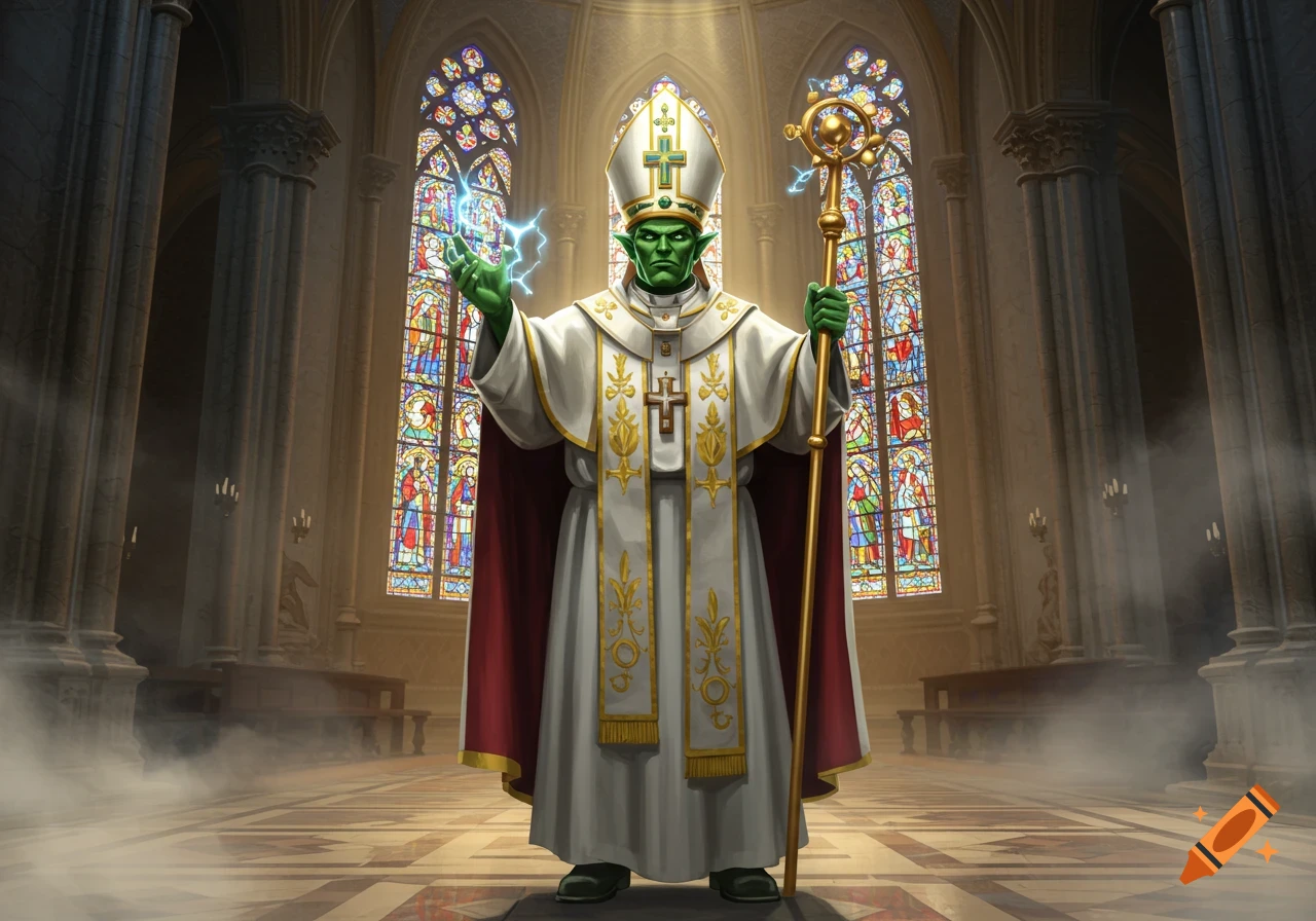 A green-skinned Blanka-like character dressed as a Pope, holding a crosier and electricity, stands in a grand church.
