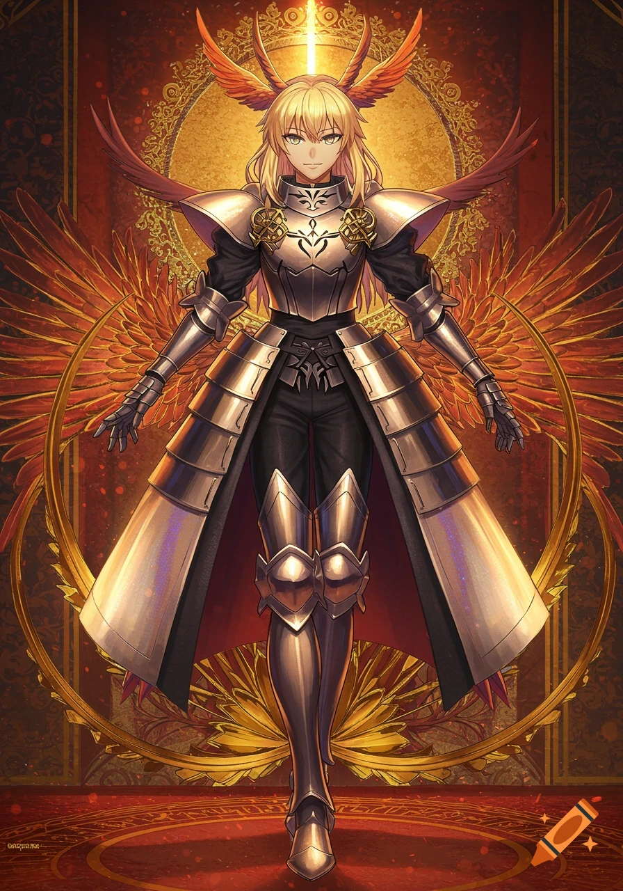 A blonde anime-style woman in golden plate armor with large orange wings stands regally against an ornate red and gold background.