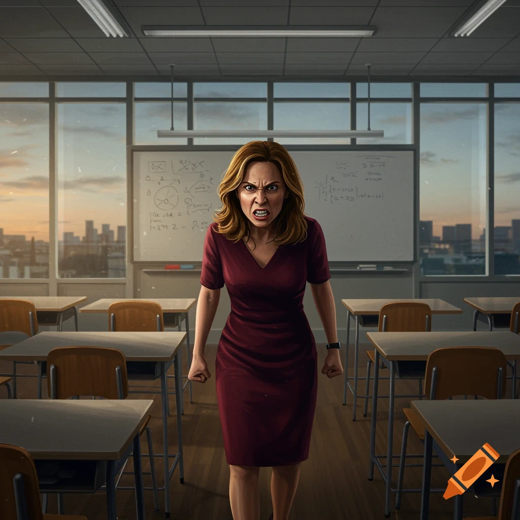 An angry female teacher yells, standing in the middle of a classroom with desks and a whiteboard.