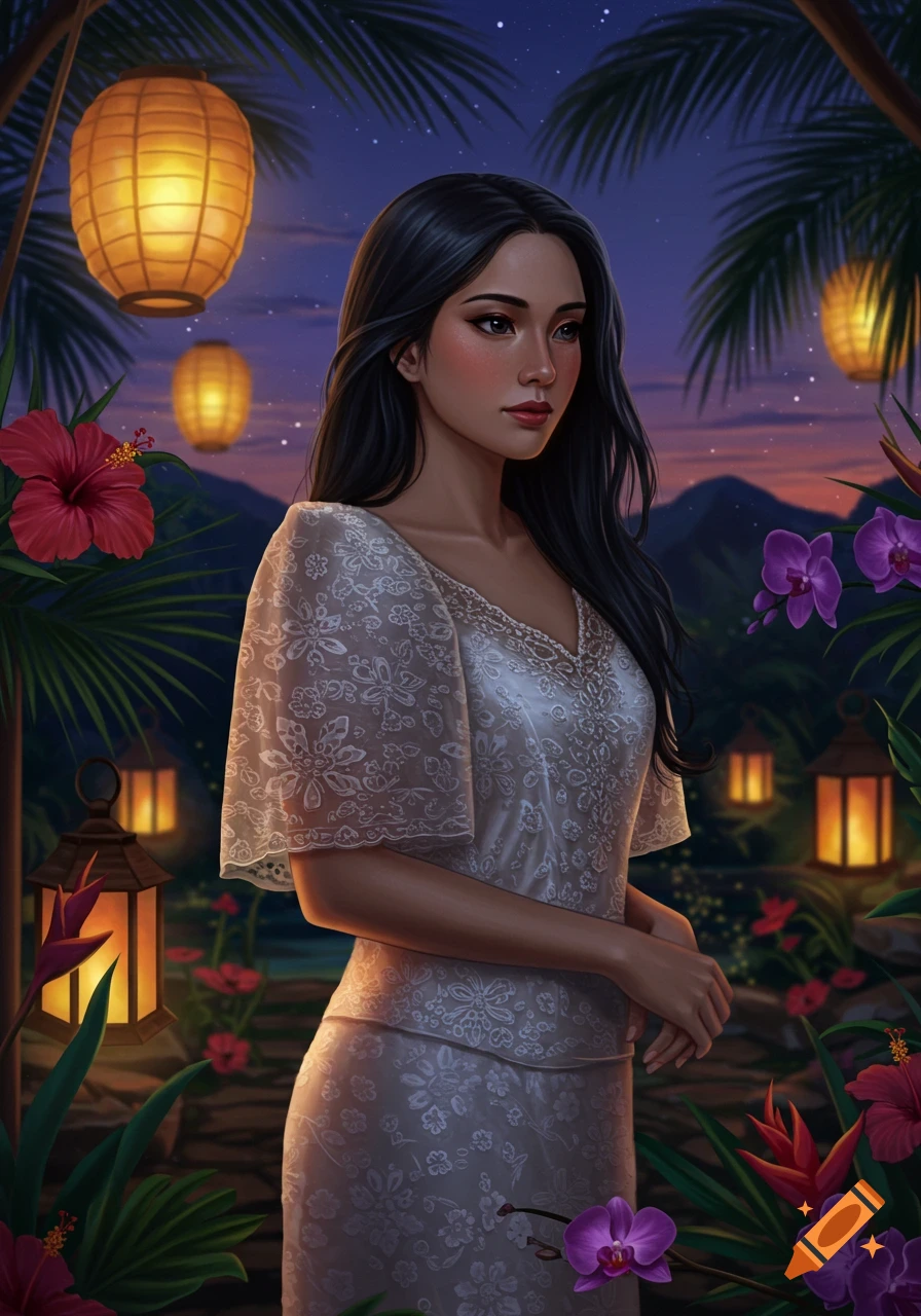 Digital painting of a young woman in a traditional white Filipiniana dress, standing in a glowing tropical garden at night with lanterns and flowers.