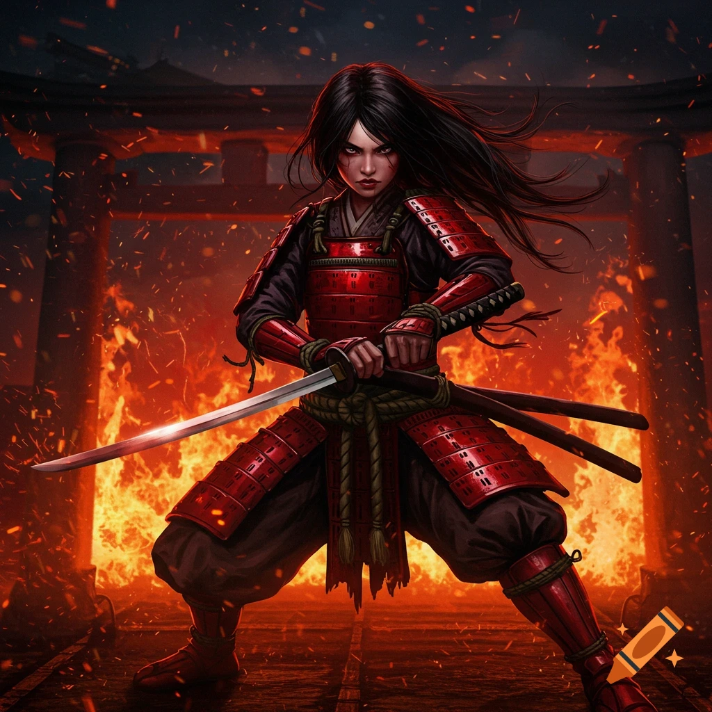 A fierce samurai girl in red armor holds a katana, standing in front of a fiery, burning traditional Japanese gate.