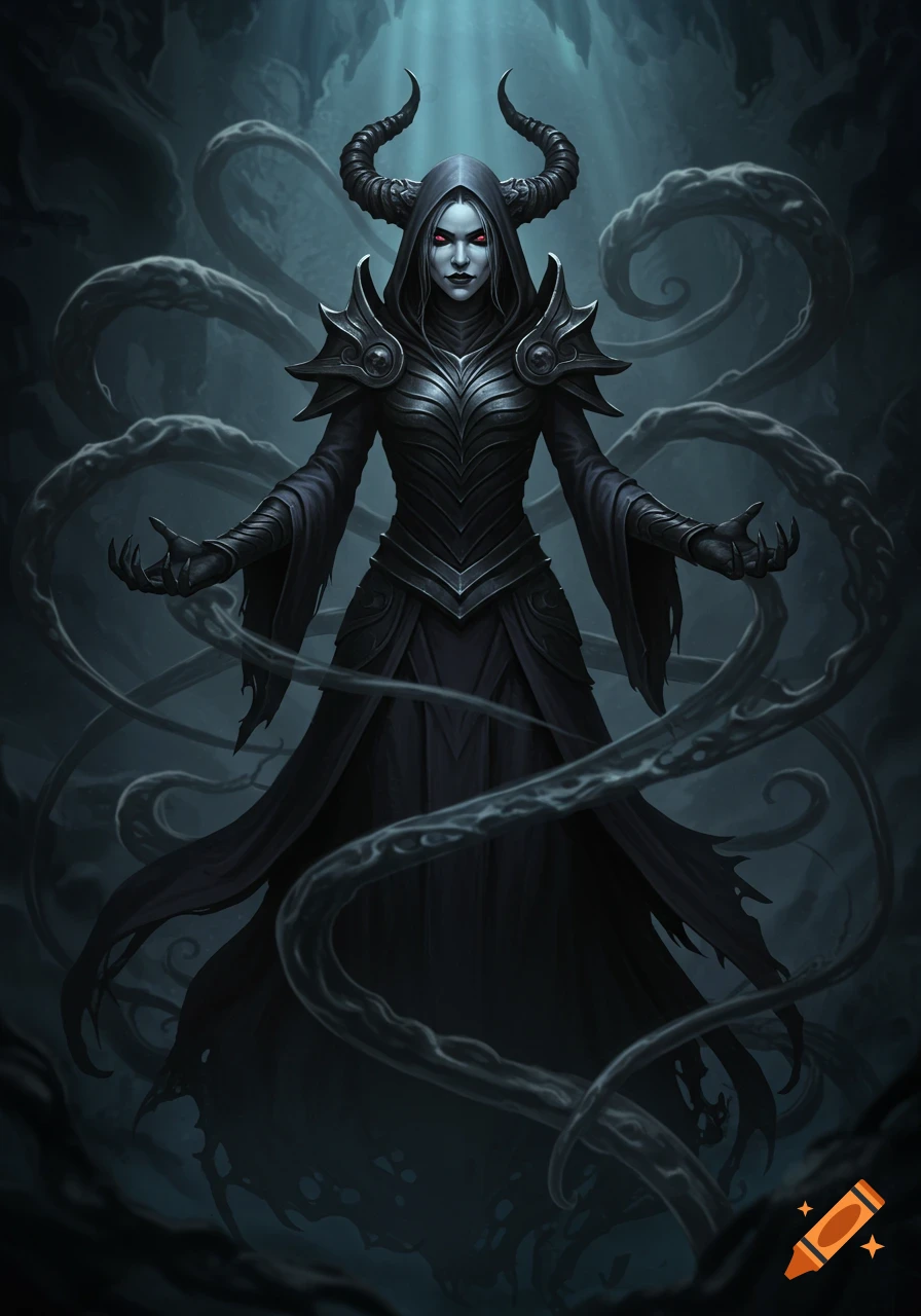 A dark fantasy cleric with pale skin, red eyes, horns, and dark armor, surrounded by swirling void tentacles.