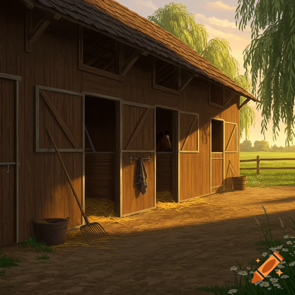 A sunny, stylized illustration of a wooden horse barn with a horse in a stall, surrounded by hay and a green field.