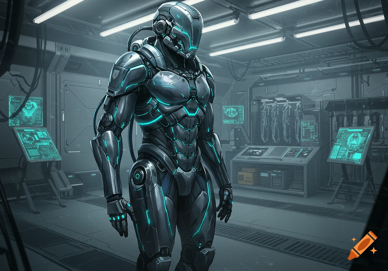 A powerful futuristic grey and blue sci-fi military exo-suit stands in a dimly lit laboratory with glowing screens.