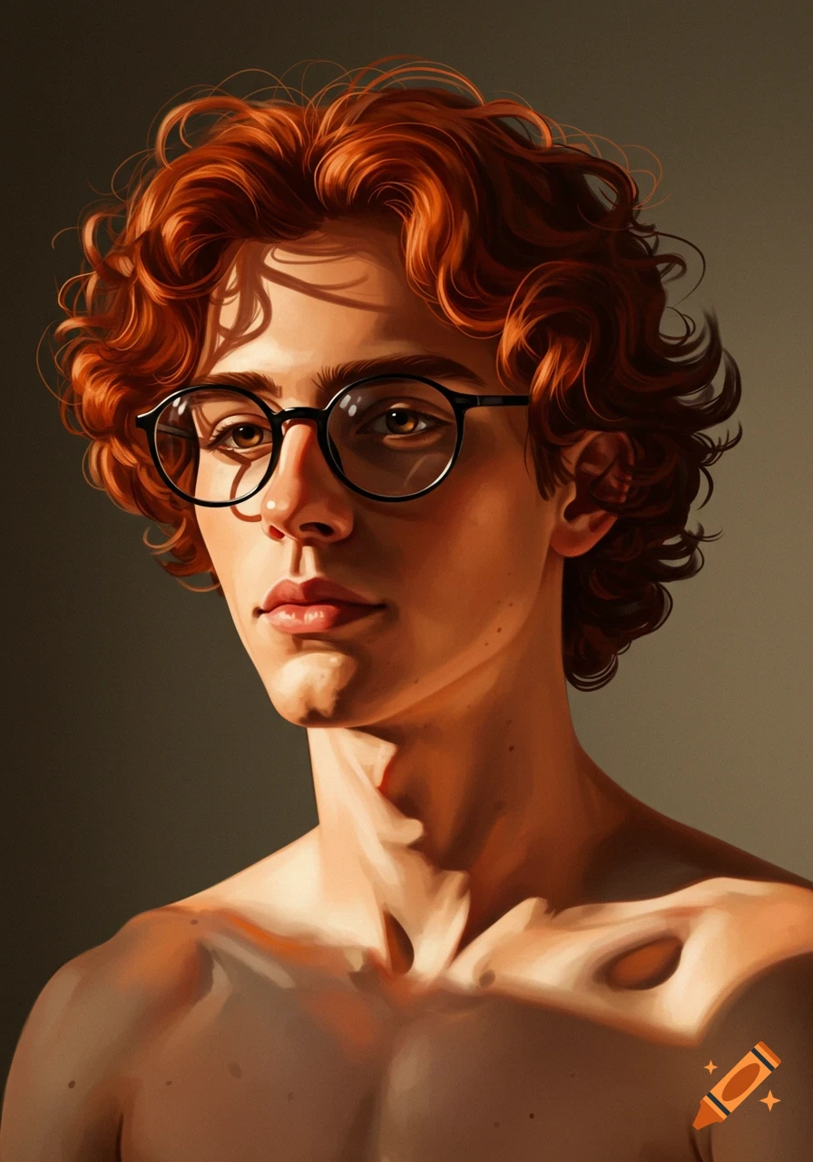 Digital painting portrait of a young man with messy red curly hair, black round glasses, and sculpted shoulders under dramatic lighting.