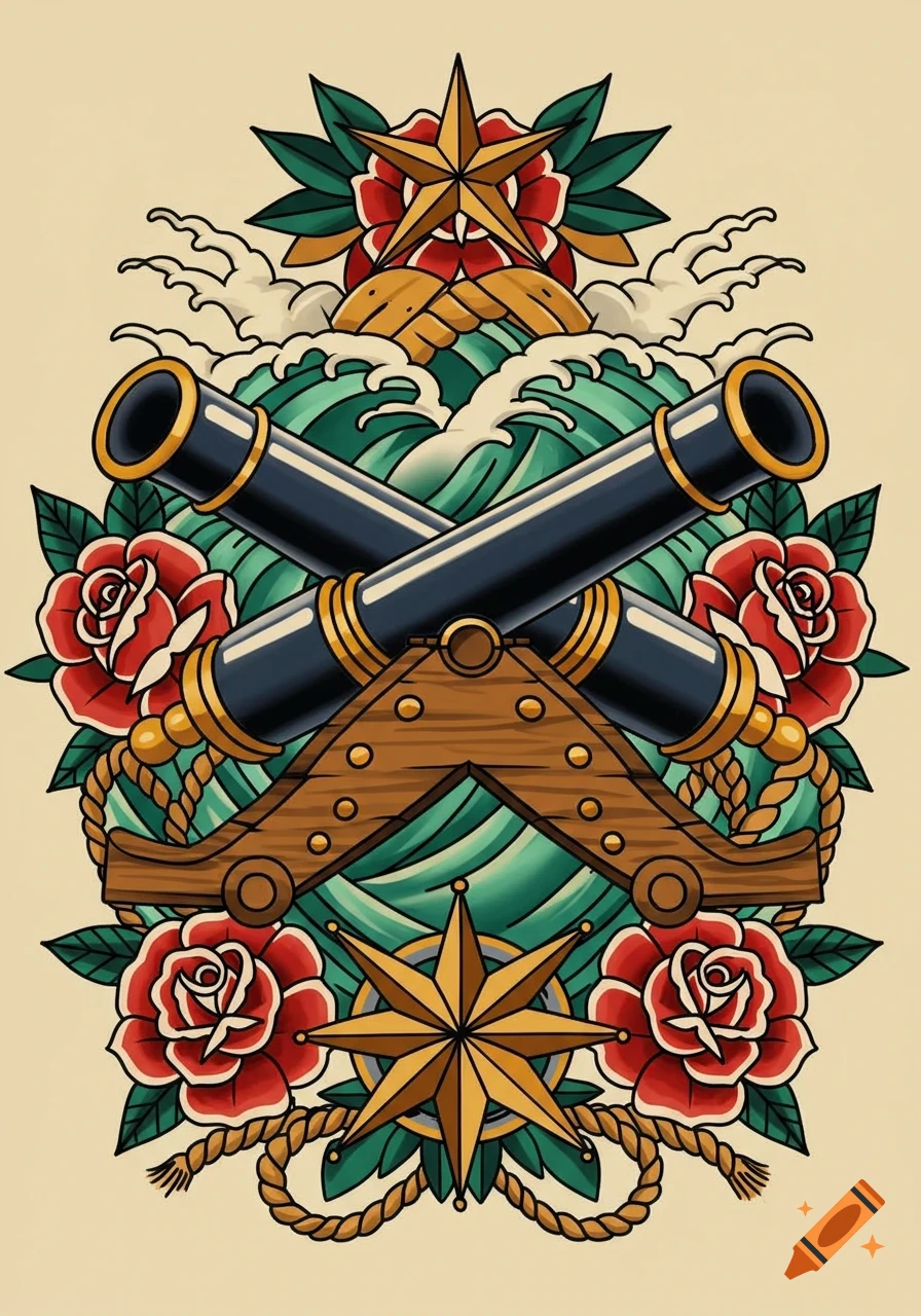 A vibrant American traditional tattoo design featuring crossed naval cannons, red roses, waves, rope, and nautical stars.