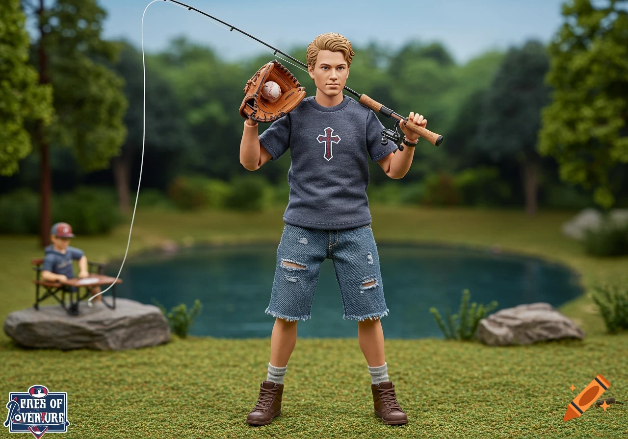 A photorealistic image of a boy action figure with blond hair, wearing a gray shirt with a cross, and ripped jean shorts, holding a baseball glove and fishing rod, standing in a grassy field with a pond and trees in the background. Another small action figure is visible in the background.