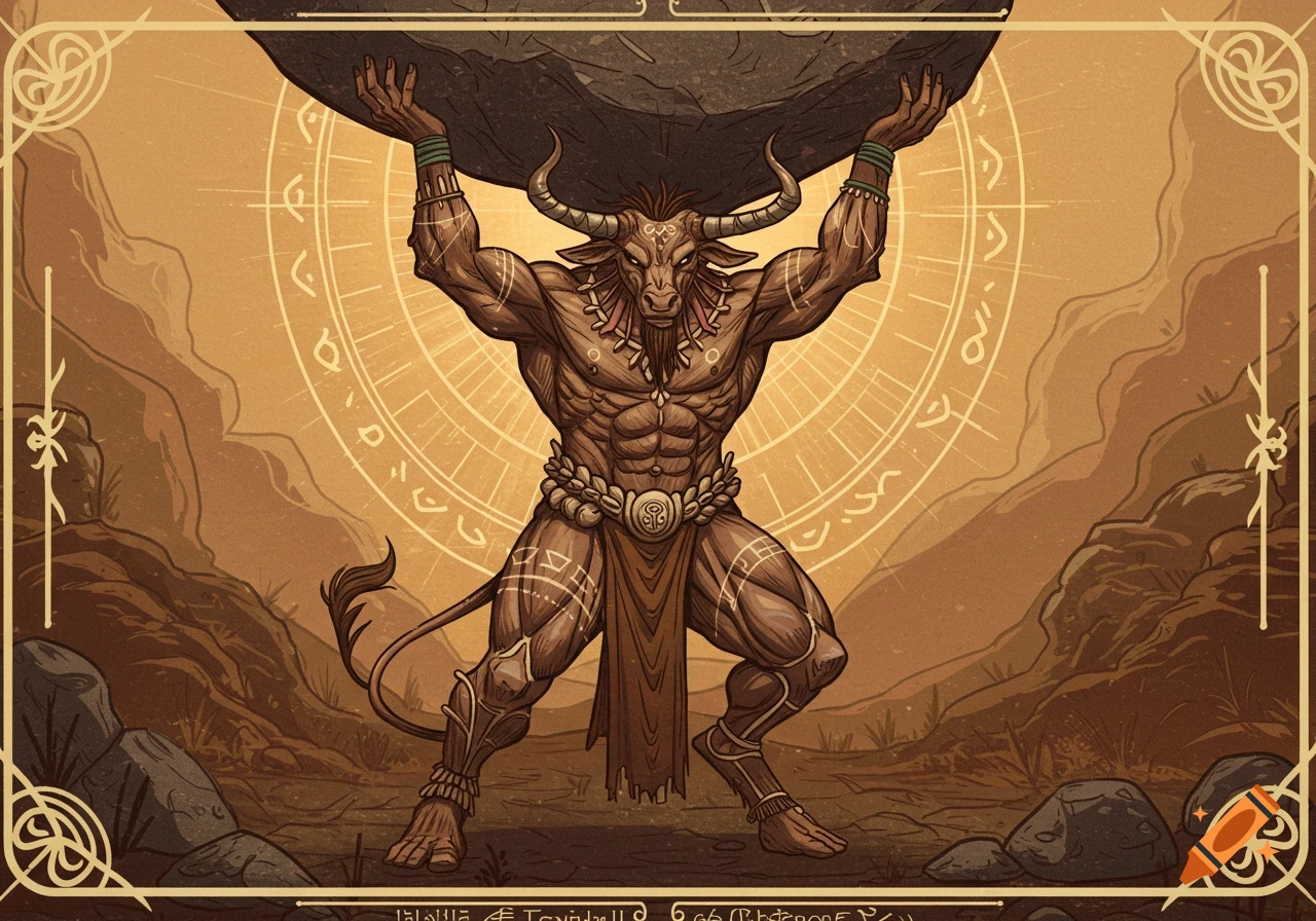 Muscular bull-headed warrior in tribal attire lifting a boulder with a glowing aura and tribal symbols in the background.